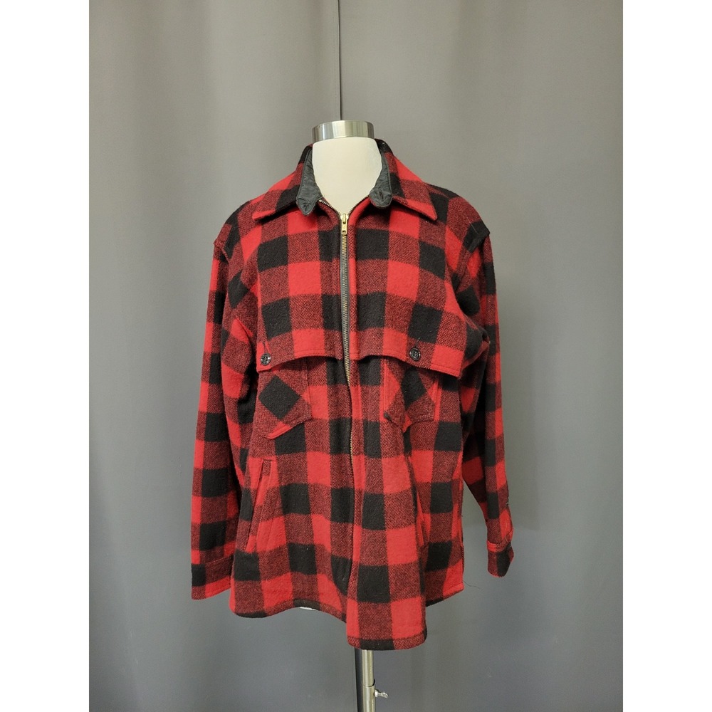 Vintage Johnson Woolen Mills Jacket Red Black Buffalo Plaid Cruiser‎ Wool Zip Lg